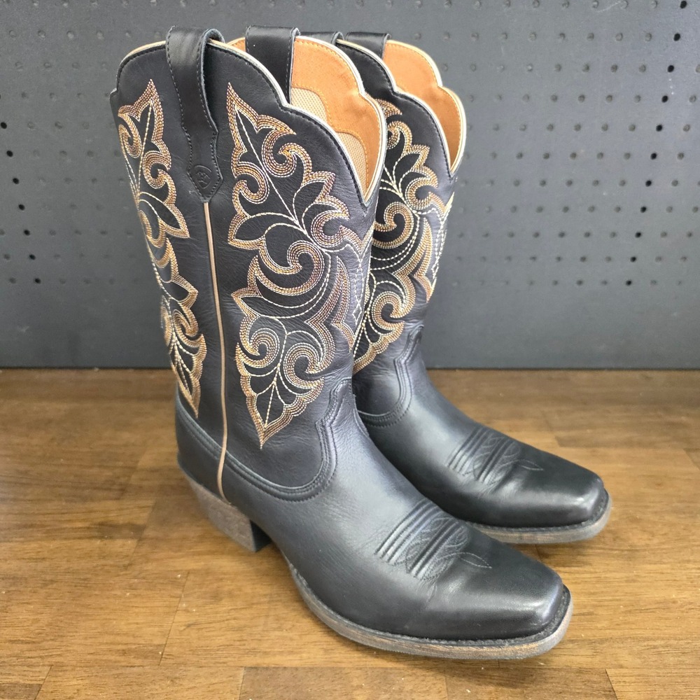 Ariat Round Up Square Toe Western Boot Womens 9.5B Black Cowboy Heel 10029756